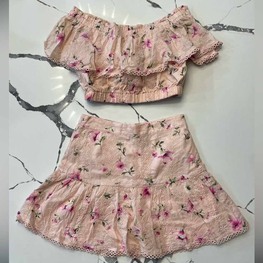 Two piece pink floral crop top and skirt